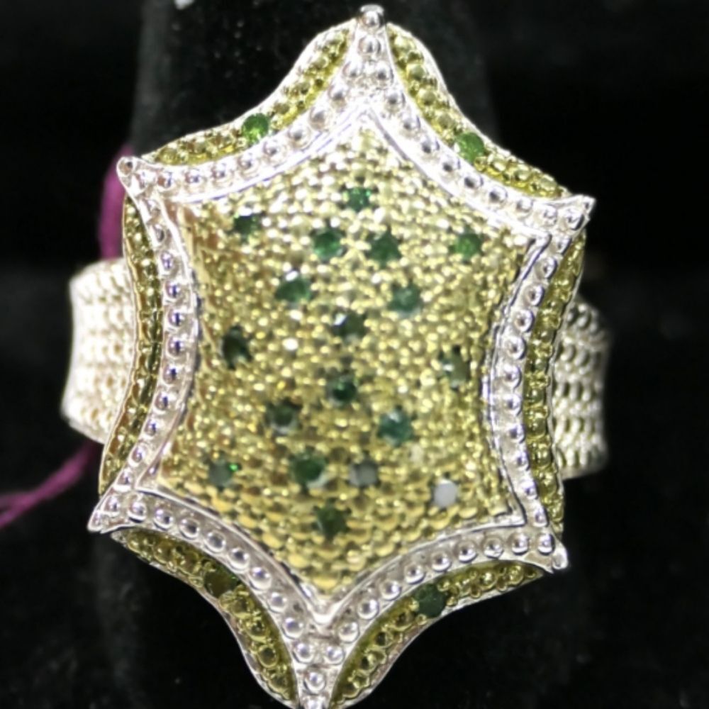 Diamond cut sterling silver ring, green pave accent stones, gold wash 9.25 size